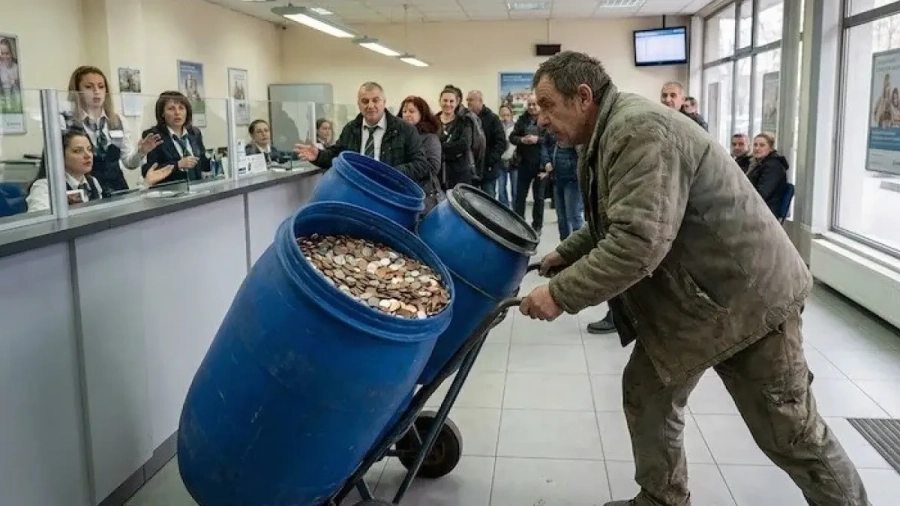 Банков клон блокира, след като мъж докара бидони със стотинки